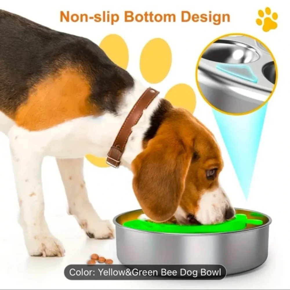 Stainless Steel Slow Feeder Dog Bowl with Bee Design, Non-Slip Silicone Base